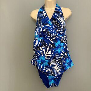 NWT, Lands End tankini swimsuit, blue and white tropical print, size L, 14-16